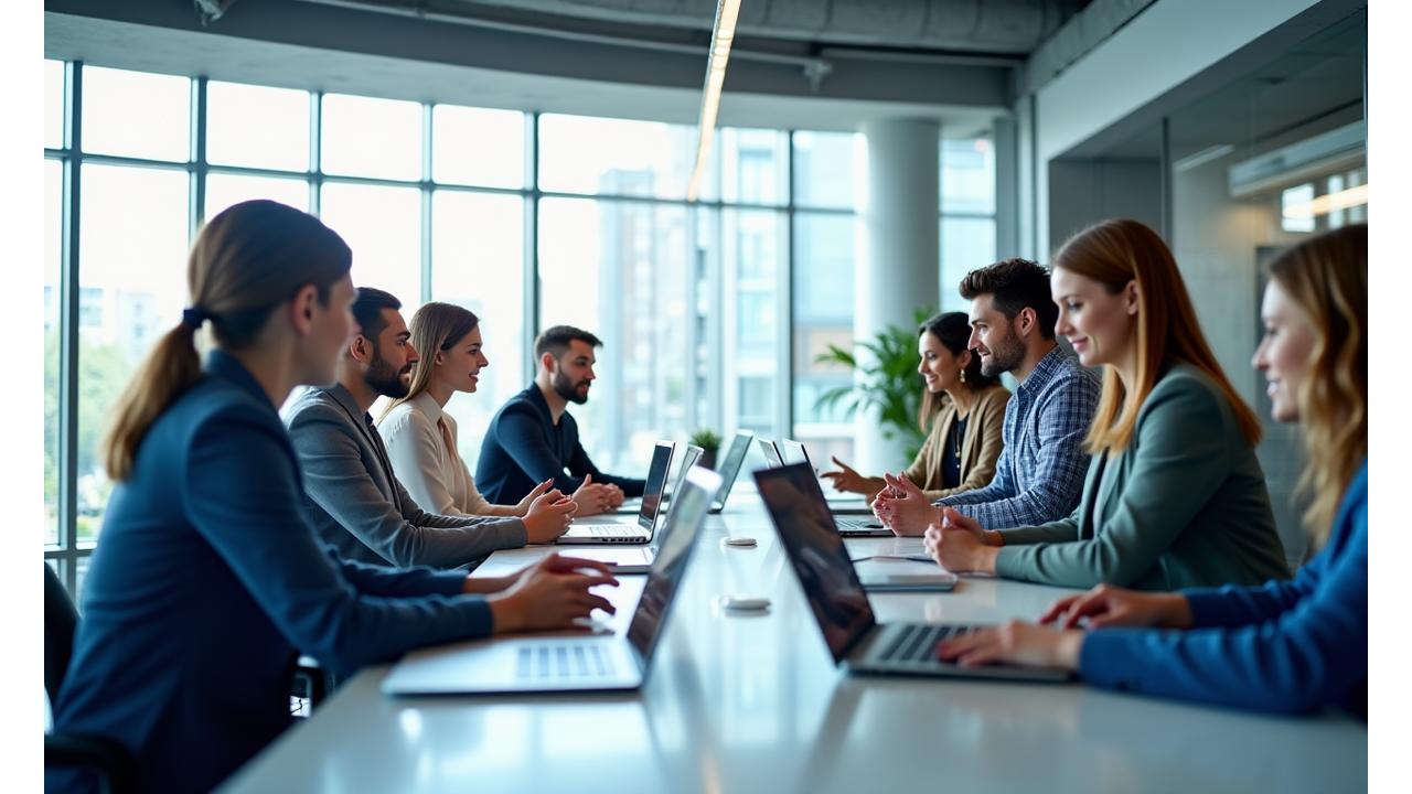 Sąskaita Greitai biuro komanda dirba kartu šiuolaikinėje aplinkoje, atspindinčią inovacijas ir bendradarbiavimą.