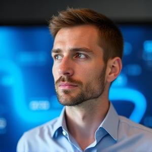 Tomas Petrauskas, Sąskaita Greitai technologijų vadovas, dėmesingai dirba prie kompiuterio.