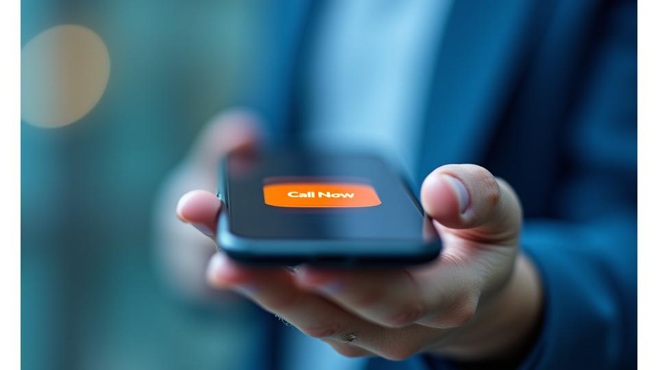 Rankos laikančios telefoną su ryškiu mygtuku 'Skambinti', simbolizuojančios greitą ryšį ir pagalbą krizės metu