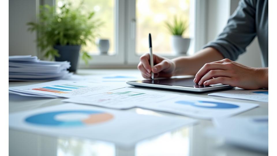 Asmuo tvarko finansinius dokumentus prie stalo, apsuptas diagramų ir kompiuterio ekrano su saugiomis piktogramomis, simbolizuojančiomis atsargų valdymą ir finansinį stabilumą