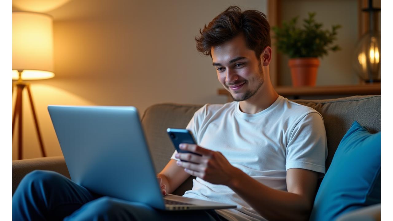 Jaunas vyras, naudojantis nešiojamąjį kompiuterį ir mobilųjį telefoną, patogiai užpildo internetinę paraišką namuose, atspindinčią paprastą procesą.