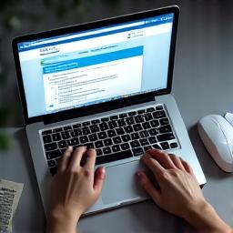 Dvi rankos dirba prie kompiuterio, kuriame rodoma internetinio kurso medžiaga, simbolizuojanti mokymąsi.