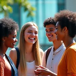 Studentai iš įvairių šalių bendrauja universiteto miestelyje, vaizduojant mainų programas.