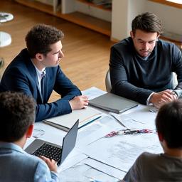 Grupė studentų aptaria mokslinį darbą prie stalo, vaizduojanti magistrantūros ar doktorantūros studijas.