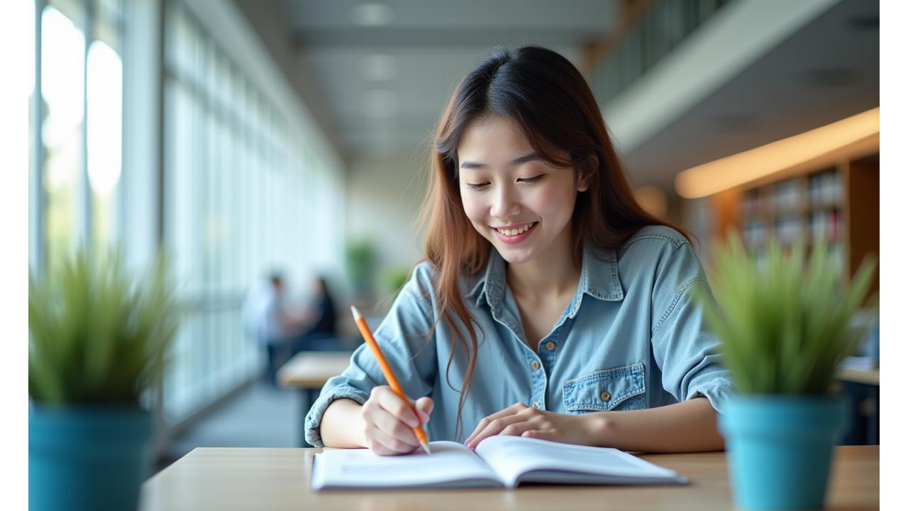 Jauna studentė, besimokanti šviesioje universiteto bibliotekoje, apsupta knygų ir nešiojamojo kompiuterio.